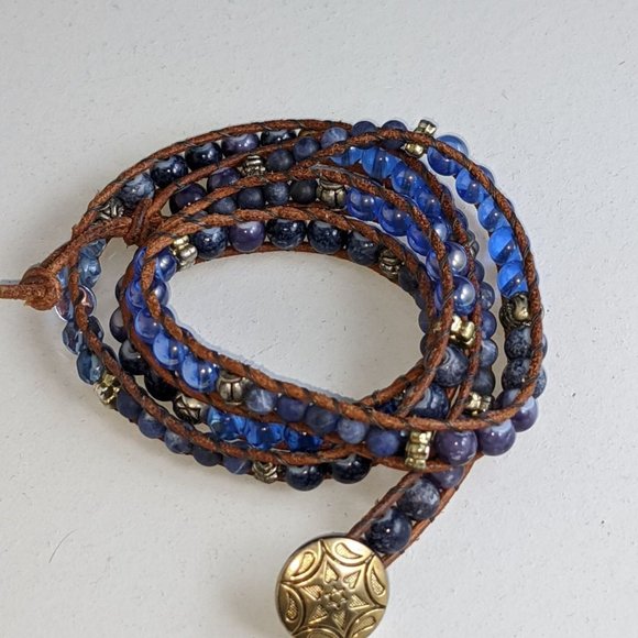 Blue Brown Beaded Wrap Bracelet 25" - Picture 1 of 2